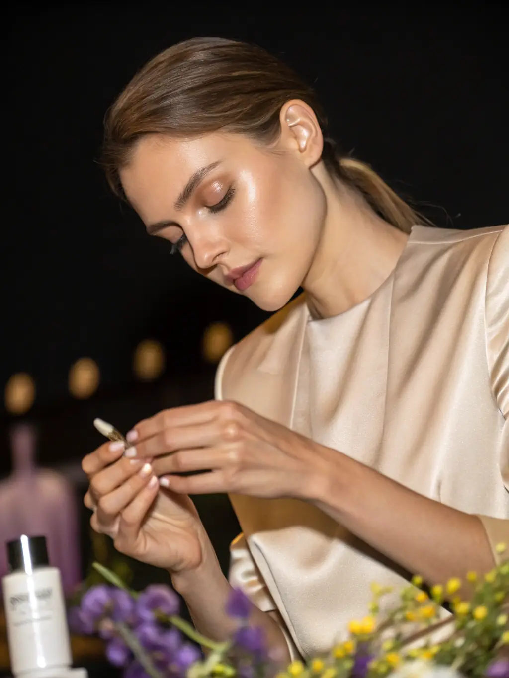 A woman applying Estée Lauder Longwear Foundation, showcasing its flawless, matte finish and long-lasting coverage.