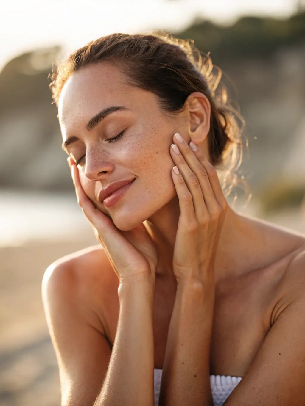 A close-up shot of a woman's radiant skin after using the Hydrating Facial Serum by La Roche-Posay, showcasing its moisturizing effects.